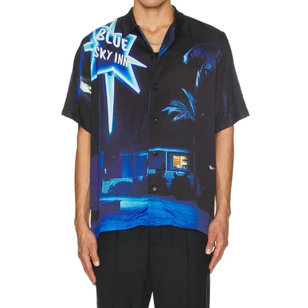 Blue Sky Inn Mens Star Sign Neon Print Viscose Shirt Black Size M NEW Italy